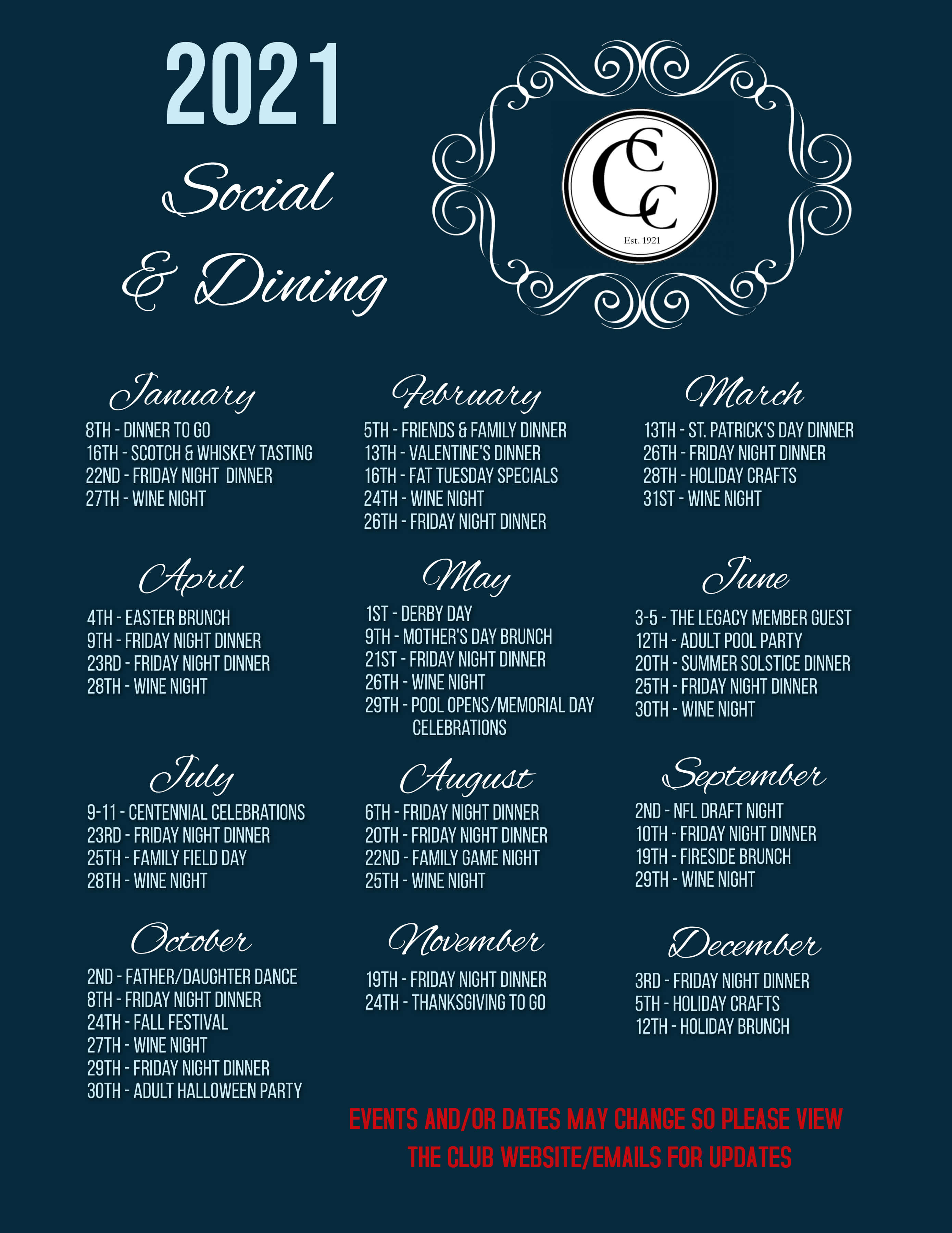 Columbia Country Club Calendar